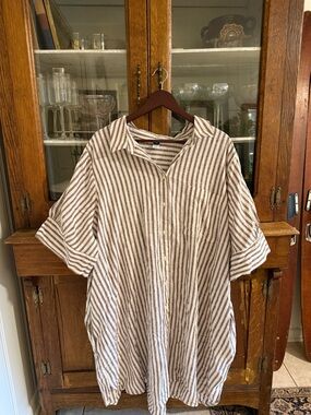 Old Navy Beige and White Striped Button-Up Dress